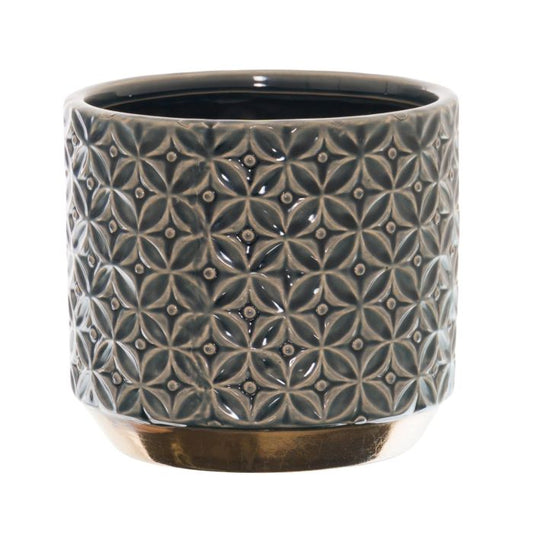 Glazed Ceramic Planter, Lebes Black Embossed Planter - 15cm