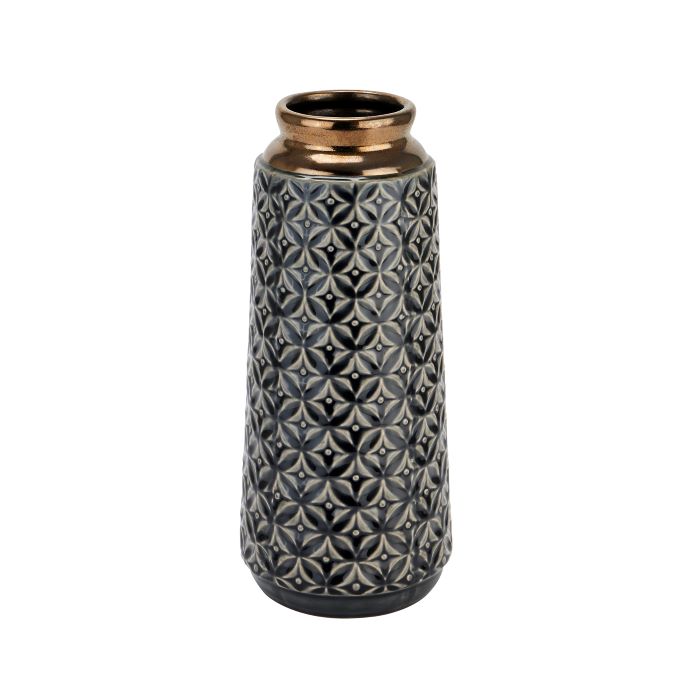 Glazed Ceramic Vase, Lebes Cylinder Black Embossed Vase - 31cm