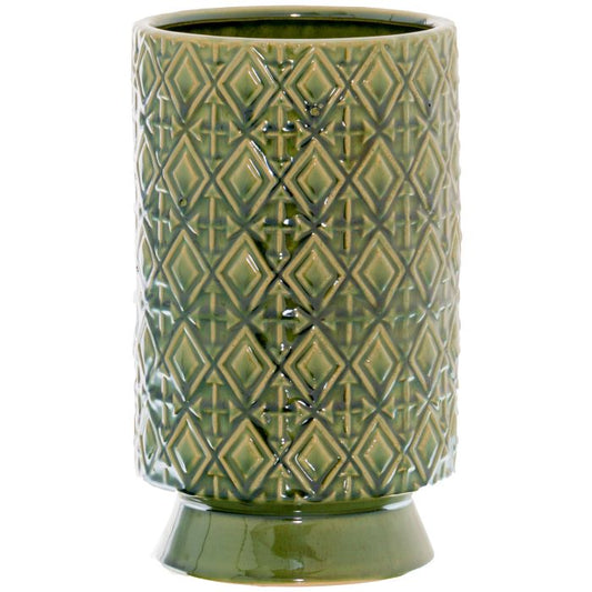 Glazed Ceramic Vase, Paragon Cylinder Olive Green Embossed Vase - 27cm