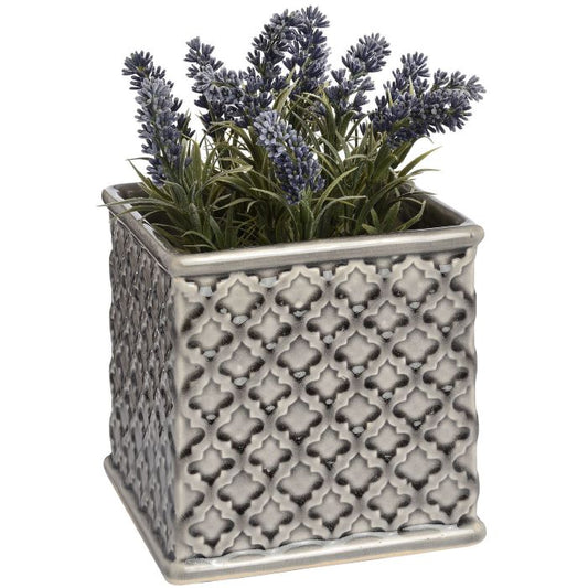 Glazed Ceramic Planter, Square Grey Embossed Planter - 15cm