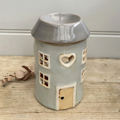 Ceramic House Tealight Holder/Wax Burner - Grey - 13cm