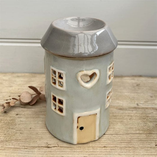 Ceramic House Tealight Holder/Wax Burner - Grey - 13cm