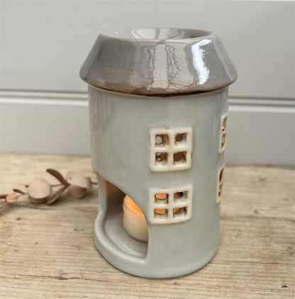 Ceramic House Tealight Holder/Wax Burner - Grey - 13cm