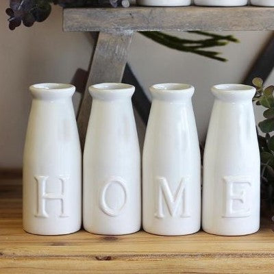 Set of 4 HOME Milk Bottle Shaped Vase Ornaments - White Ceramic Vases 13cm