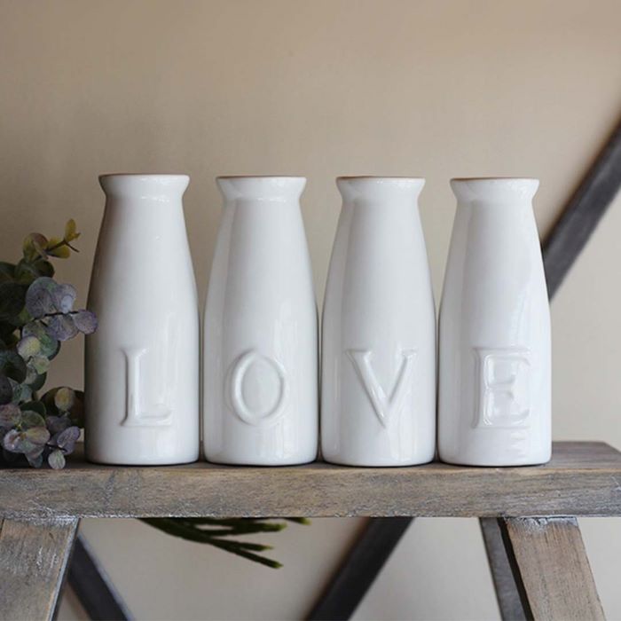 Set of 4 LOVE Milk Bottle Shaped Vase Ornaments, White Ceramic Vases 13cm