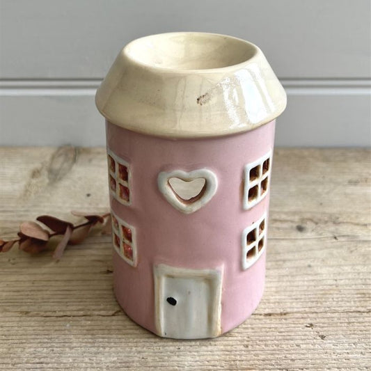 Ceramic House Tealight Holder/Wax Burner - Pink - 13cm