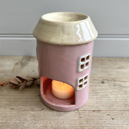 Ceramic House Tealight Holder/Wax Burner - Pink - 13cm