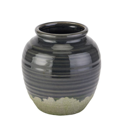 Glazed Ceramic Stoneware Vase, Navy Squat Vase - 17cm