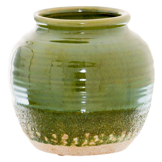 Glazed Ceramic Stoneware Vase, Olive Green Squat Vase - 17cm