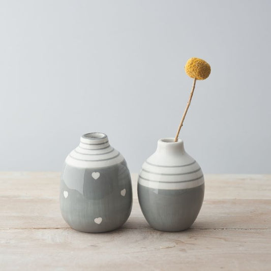 Grey & White Striped Bud Vases, Set Of 2 Grey & White Bud Vases 9CM