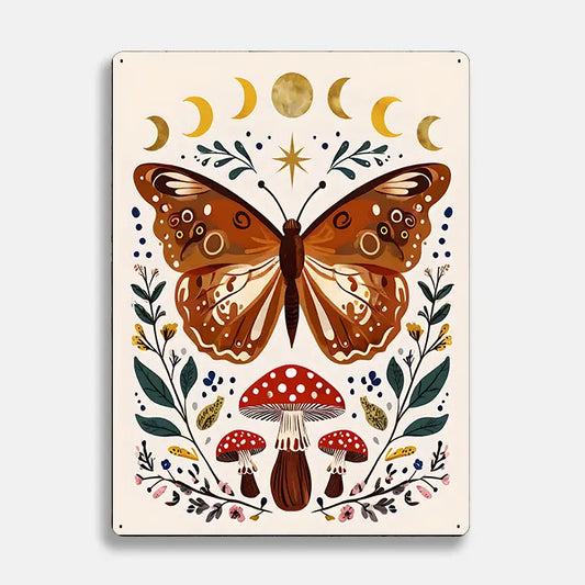 Butterfly Moon Mushroom Scandinavian Folk Metal Sign Plaque