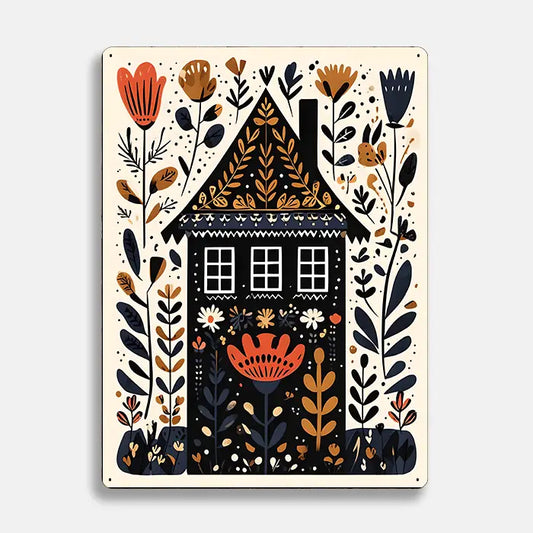 House Home Flowers Scandinavian Folk Metal Sign Plaque