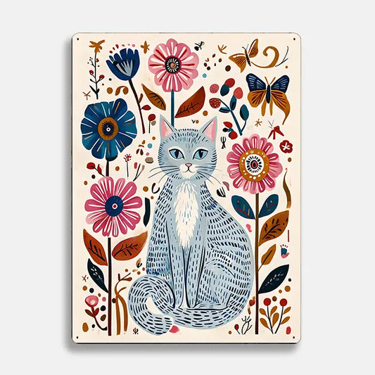 Grey Cat Flowers Scandinavian Folk Metal Sign Plaque