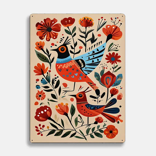 Vibrant Birds Scandinavian Folk Metal Sign Plaque
