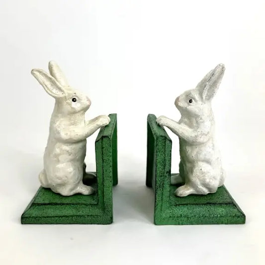 Cast Iron Antiqued Pair of White Rabbit Bookends - 15.5cm