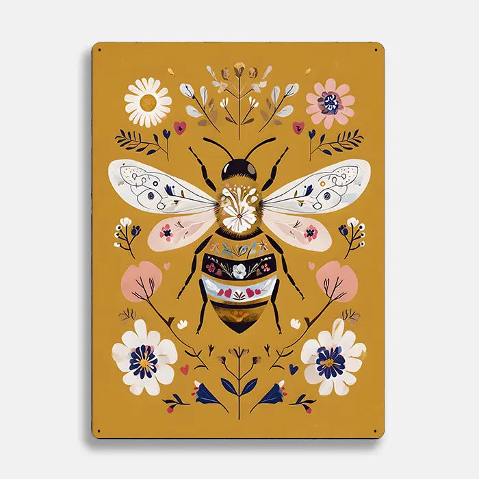 Bee Botanical Flowers Scandinavian Folk Metal Sign Plaque