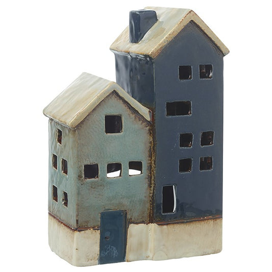 Dark Blue Ceramic Conjoined Houses Tealight Holder - 19cm