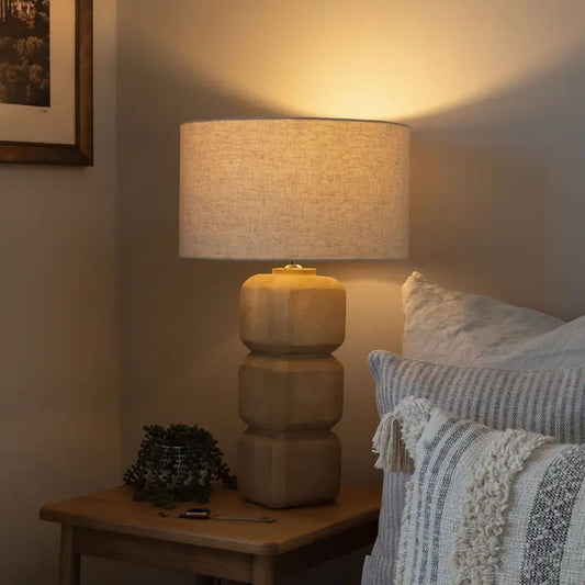 Pensford, Large Carved Wooden Table Lamp with Beige Shade - 66cm