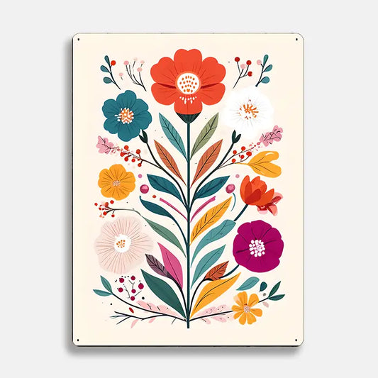 Vibrant Floral Flower Scandinavian Folk Metal Sign Plaque