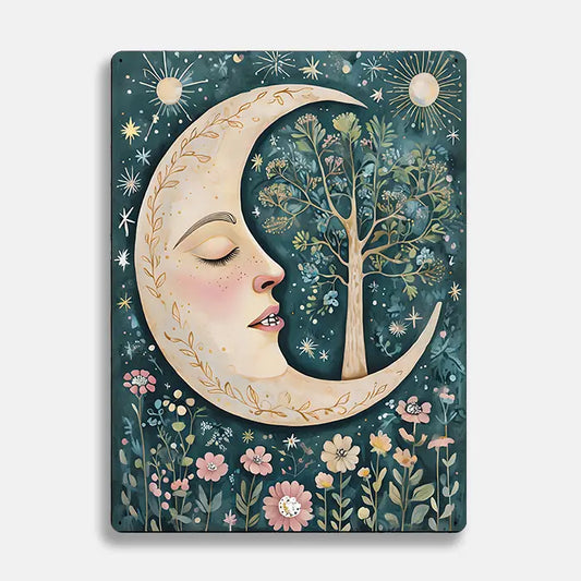 Moon Tree Flowers Scandinavian Folk Metal Sign Plaque