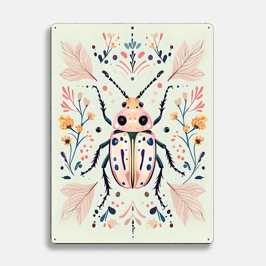 Beetle Botanical Flowers Scandinavian Folk Metal Sign Plaque