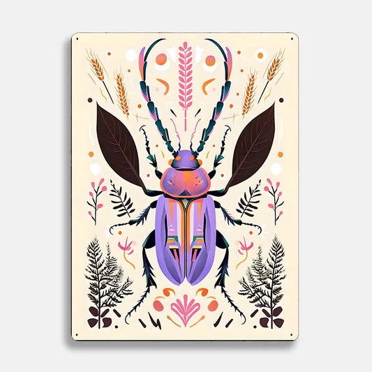 Beetle Purple Botanical Scandinavian Folk Metal Sign Plaque