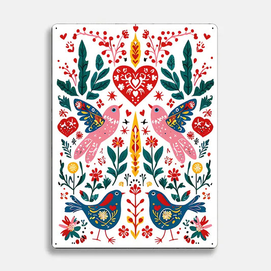 Heart Birds Plants Scandinavian Folk Metal Sign Plaque