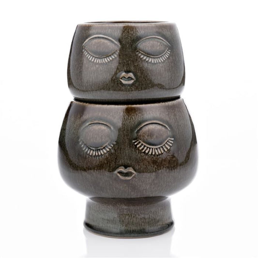 Earthy Ceramic Face Planters - Set of 2 - 14/12cm