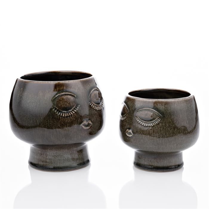 Earthy Ceramic Face Planters - Set of 2 - 14/12cm