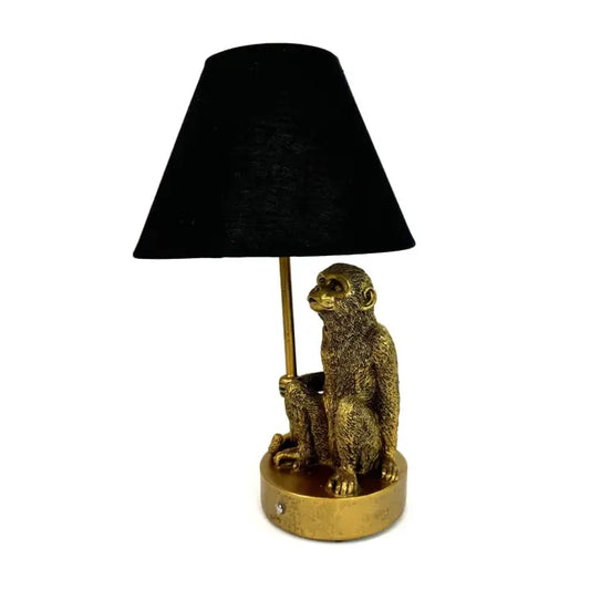 Antique Gold Monkey Lamp w/ Black Shade - 36.5cm