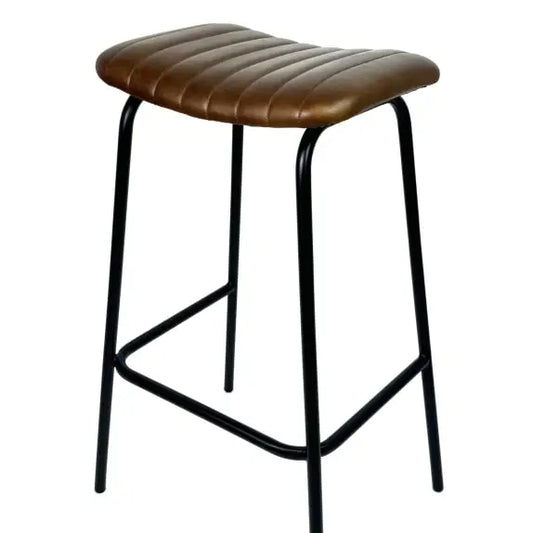 Industrial Ribbed Leather & Iron Classic Bar Stool - 77cm