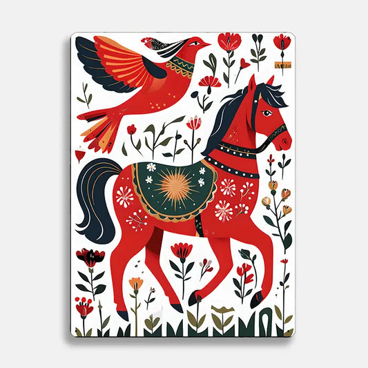 Dala Red Horse Bird Scandinavian Folk Metal Sign Plaque