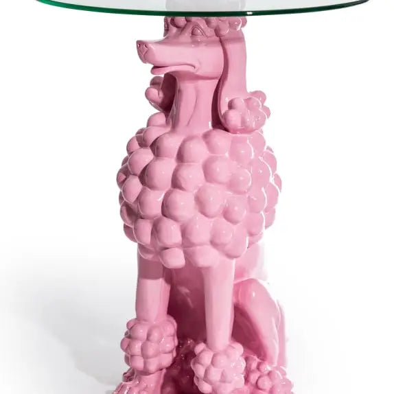 Sitting Pink Poodle Side Table w/ Glass Top - 64cm
