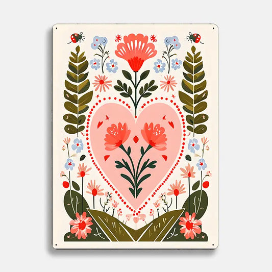 Heart Botanical Flowers Scandinavian Folk Metal Sign Plaque