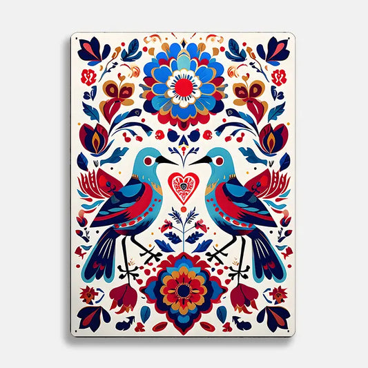 Vibrant Birds Flower Scandinavian Folk Metal Sign Plaque