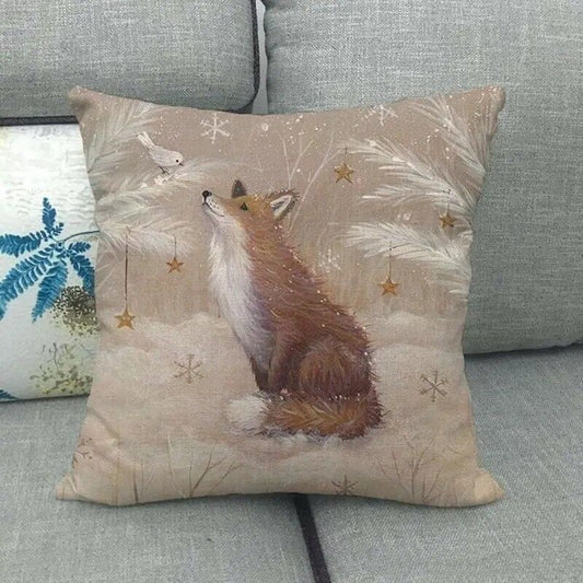Christmas Fox Cushion Cover with Bird 18" Linen