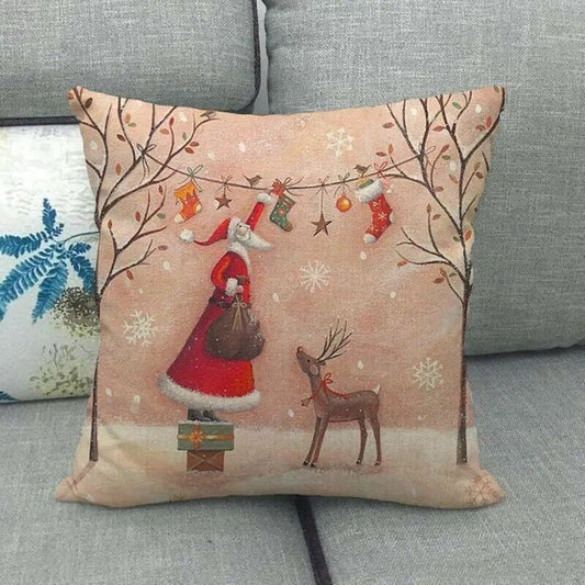 Santa With Rudolph the Reindeer Cushion Cover 18" Linen