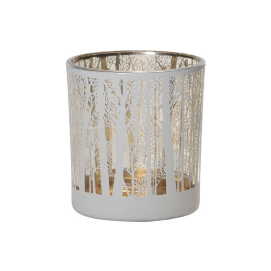 Forest Scene Glass Tealight Candle Holder - White/Gold