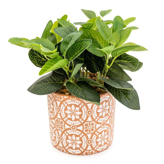 Green Artificial House Plant in a Geometric Aztec Cement Pot 27cm