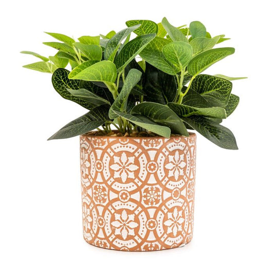 Green Artificial House Plant in a Geometric Aztec Cement Pot 27cm