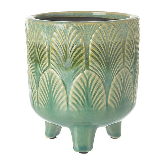 Green Embossed Two-Tone Leaf Ceramic Planter with Legs - 14.5cm