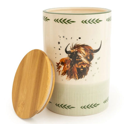 Highland Cow Ceramic Storage Jar with Wooden Lid 17cm