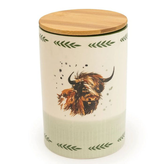 Highland Cow Ceramic Storage Jar with Wooden Lid 17cm