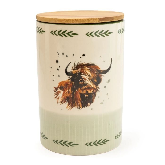 Highland Cow Ceramic Storage Jar with Wooden Lid 17cm