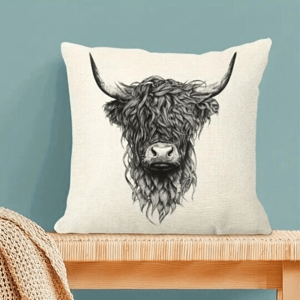 Highland Cow Cushion Cover 18" Linen
