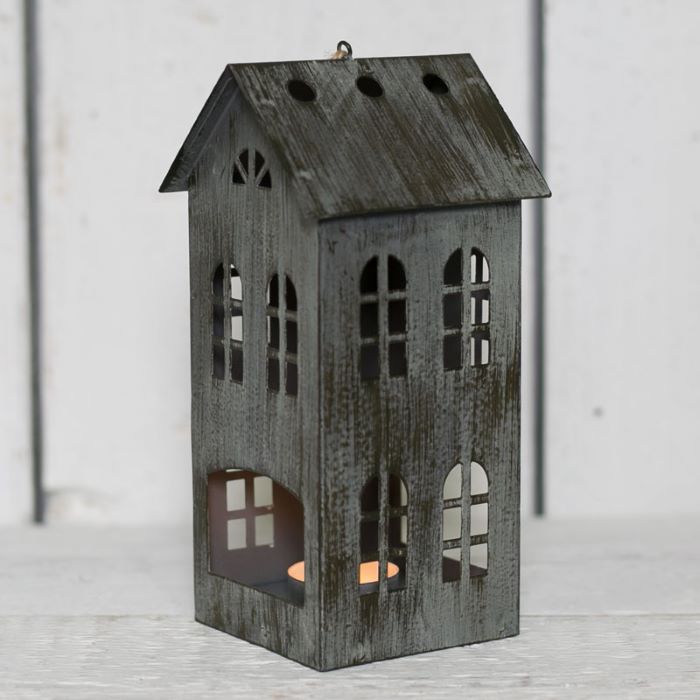 Grey Metal House Lantern Candle Holder 16.5cm
