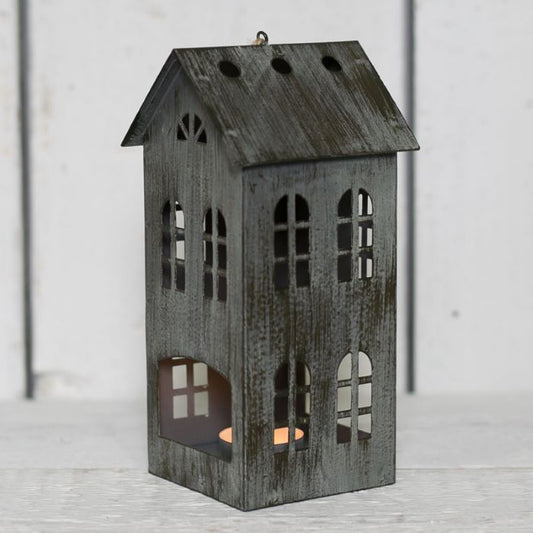 Grey Metal House Lantern Candle Holder 16.5cm