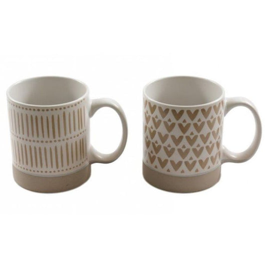 Natural Toned Heart and Stripe Mugs Set of 2