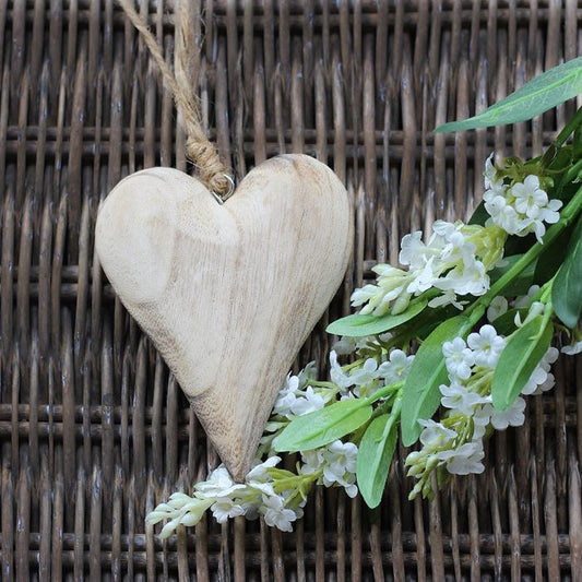 Natural Chunky Country Wooden Hanging Heart Decoration 11.5cm