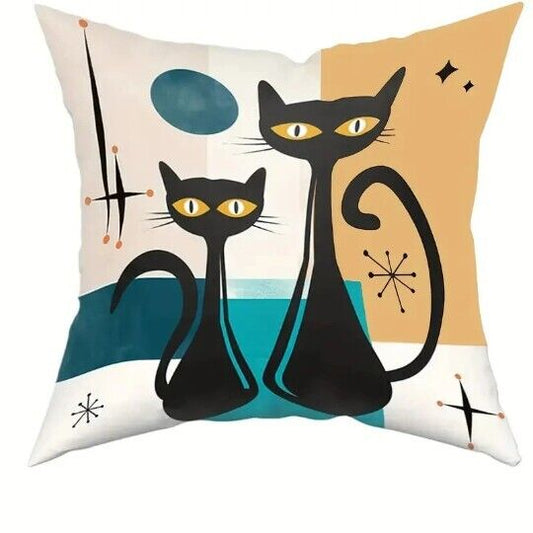 Retro Black Cat Cushion Cover 18" Linen